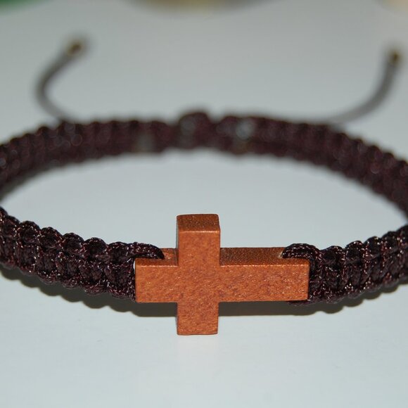 Cross Bracelet,Wood Cross Bracelet,Braided Bracelet,Brown Bracelet - Picture 2 of 2